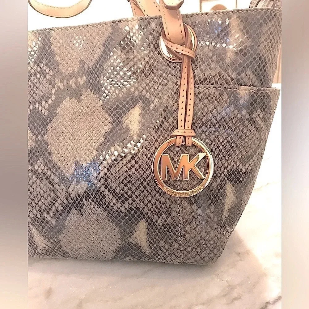 Michael Kors Jet Set Python Embossed Leather Gold Metallic Lined Shoulder Bag